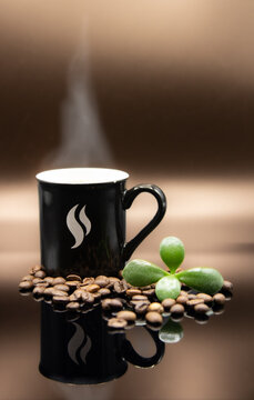 Taza de caf&eacute; con granos y planta alrededor
