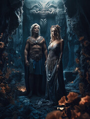 Hades and Persephone in the underworld or hell. AI generated image.