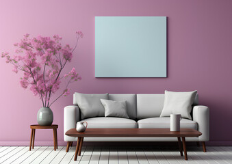 Pink living room sofa, empty photo frame mockup