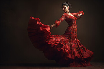AI generated image. Beautiful flamenco dancer in red dress and dark background. - obrazy, fototapety, plakaty