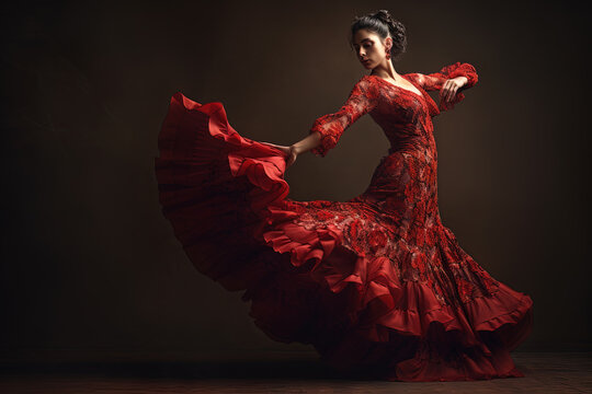 AI generated image. Beautiful flamenco dancer in red dress and dark background.
