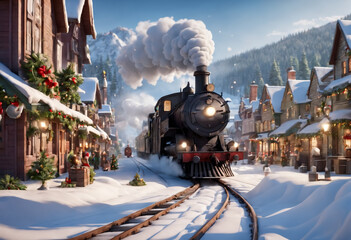 Christmas train going through village. Generative AI - obrazy, fototapety, plakaty