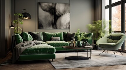 Modern home decor with a stylish living room featuring a corner grey sofa, green velvet armchair, coffee table, wooden floor, and design furniture and accessories.
