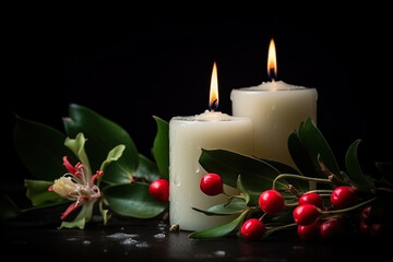 AI generated image. Romantic burning white candles, white flowers and mistletoe on black background