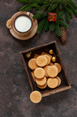 Obraz na płótnie Canvas Christmas background with a cup of milk and homemade cookies for Santa Claus