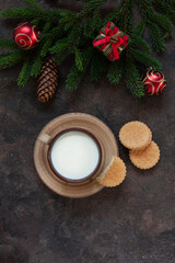 Christmas background with a cup of milk and homemade cookies for Santa Claus
