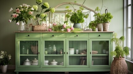 Vintage green furniture, drawers on countertop, glass jar of flowers, glass door hanging cabinet, mirror window, greenery basket