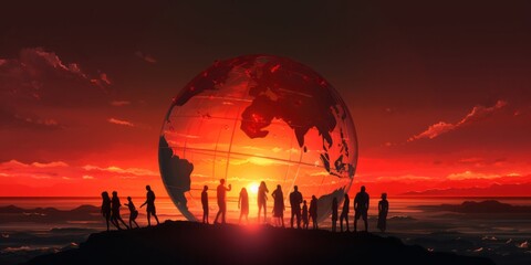 Silhouetted People Gather Around a Globe at Sunset in an Aggressive Digital Illustration, Portraying the Urgency of Global Warming, Heatwaves, and the Ongoing Climate Crisis