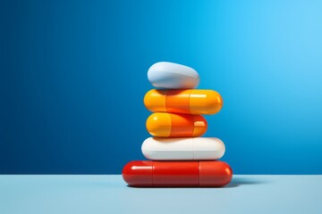  Stack of Pills Arranged on a Blue Background, Representing Medication, Pharmaceuticals, and Healthcare in the Field of Medical Treatment and Pharmaceutical Industry
