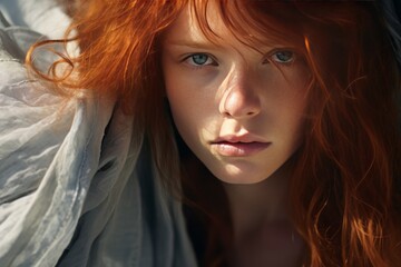 Photograph of a Red-Haired Girl Concealing Herself with a Blue Scarf, Symbolizing Fear, Vulnerability, and Shyness, as She Seeks Anonymity and Emotional Protection