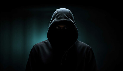 Fototapeta na wymiar Mysterious hooded man in the dark, AI generative, fear, evil