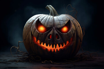 Evil pumpkin in dark background, AI generative, fear, scary