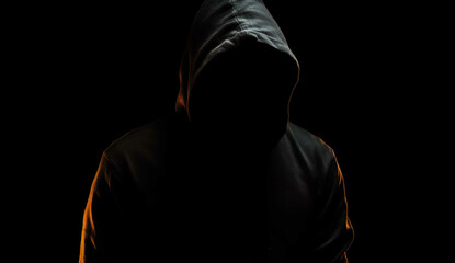 Hooded man on black background, AI generative, darkness, silhouette - obrazy, fototapety, plakaty