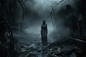 Gothic stone zombie fantasy background ai generative, tree, fear, moonlight