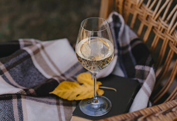 Wine glass. autumn leaves with books