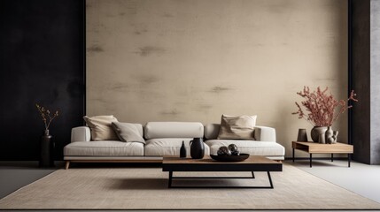 Beige modular sofa, black coffee table, armchair, rug, black stucco wall, dried flower vase, personal accessories compose creative living room interior. Home decor template.