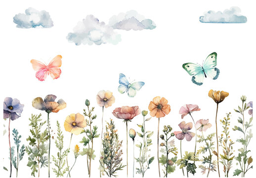 Vector watercolor painted meadow flowers. Horizontal seamless pattern isolated on white background