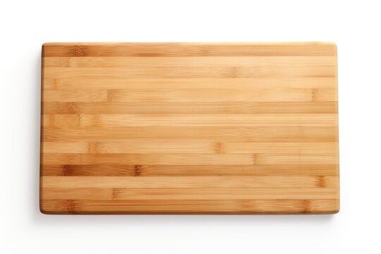 A wooden cutting board on a white surface. Imaginary photorealistic image.
