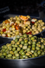 Olives on sale on  a market stall in the French town of Argeles