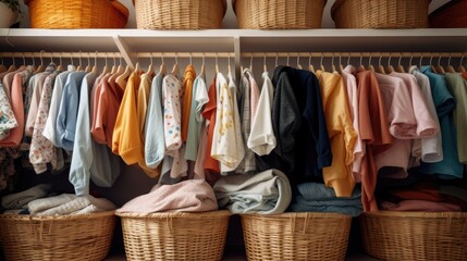 Clothes filled baskets on rooms rack.