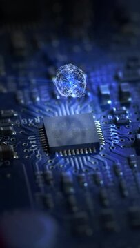 Integrated circuit board with processor close-up.  4K vertical.