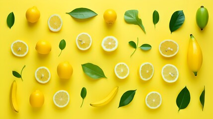 Yellow fruits and vegetables flat lay pattern background.