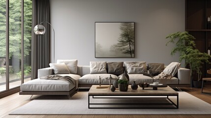 Modern home decor includes a stylish, spacious living room with a gray sofa, coffee table, decorations, and pillows.