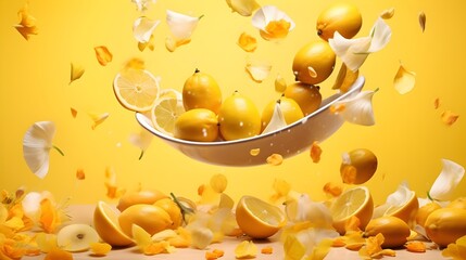 Yellow fruits with flying vegetable blossom flower petals. Festive bright summer background.