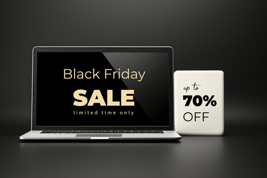 A laptop computer sitting on top of a table. Imaginary illustration. Black Friday sale campaign.