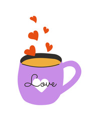 Violet cup of cocoa or tea, coffee with hearts. Vector illustration icon isolated on a white background.	