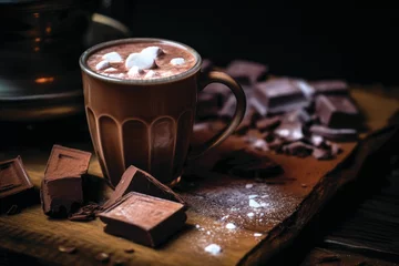 Fotobehang Cup of hot chocolate and chocolate pieces on a dark background © pilipphoto