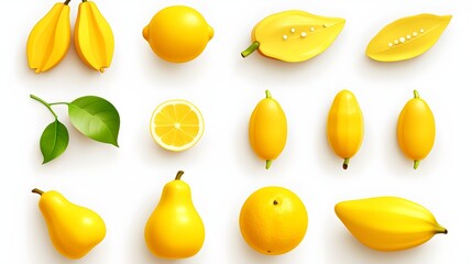 Yellow fruits and vegetables isolated icons illustrations set