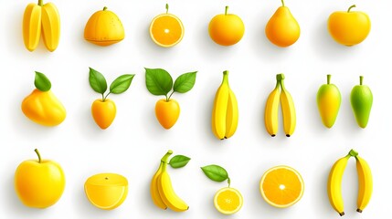 Yellow fruits and vegetables isolated icons illustrations set - obrazy, fototapety, plakaty