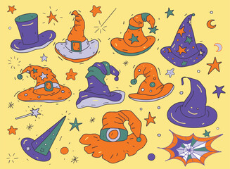 Wizard hat Halloween set colored different hats stars magic magic wand purple orange colors
