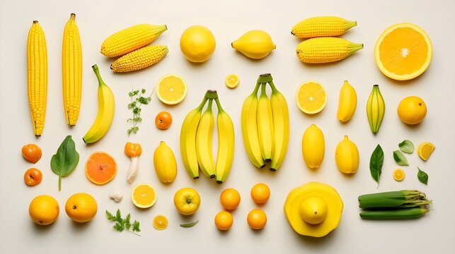 Yellow fruits and vegetables photo realistic flat lay pattern background.