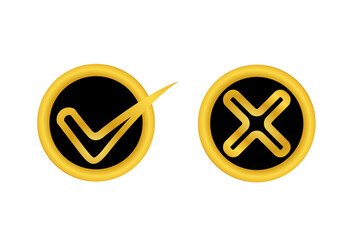 set of check mark and cross mark icons with gold color. round icons.