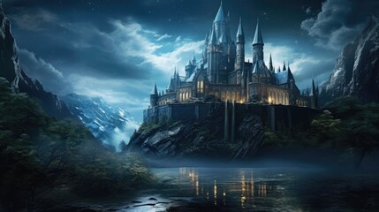 Old magical fairy tale castle in the night 