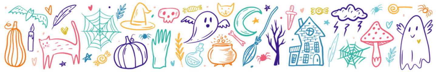 Vector set of Halloween symbols drawn by hand in the style of a doodle