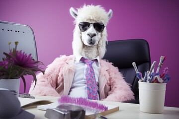 A llama wearing sunglasses and a tie sitting at a desk in purple white office. Photorealistic image.