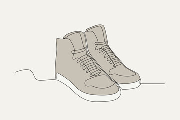 Color illustration of a pair of men's shoes. Footwear one-line drawing