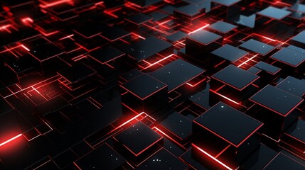 contemporary 3D forms digital cyber space structure technology pattern background of black lines with red borders