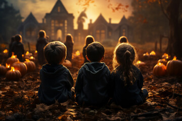 Group of little kids in scary halloween. Halloween concept.