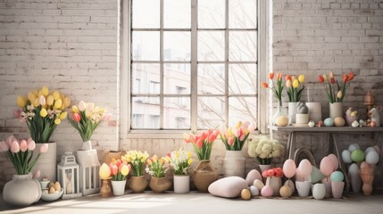 Easter themed home interior featuring fresh tulips, pastel eggs, and white brick wall.