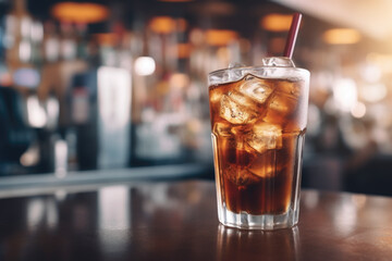 Close up glass of long island ice tea cocktail at bar counter background.