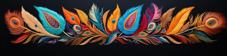 Fototapeta na wymiar A group of colorful feathers on a black background. AI decorative border.