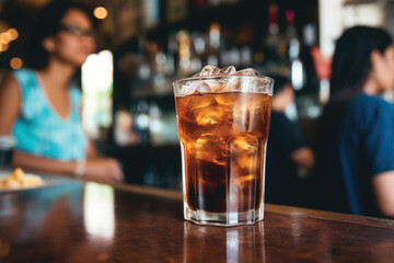 Close up glass of long island ice tea cocktail at bar counter background. - obrazy, fototapety, plakaty