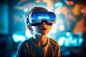 A kid wearing vr reality glass modern character design.