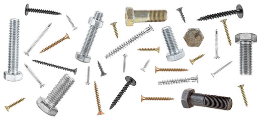 Different screws, bolts and nuts isolated on a white background, top view.