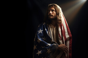 Jesus Christ stepping into the light draped in a United States of America Flag