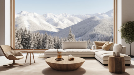 Modern Scandinavian minimalist living room design set against a panoramic floor-to-ceiling window showcasing a winter mountain view